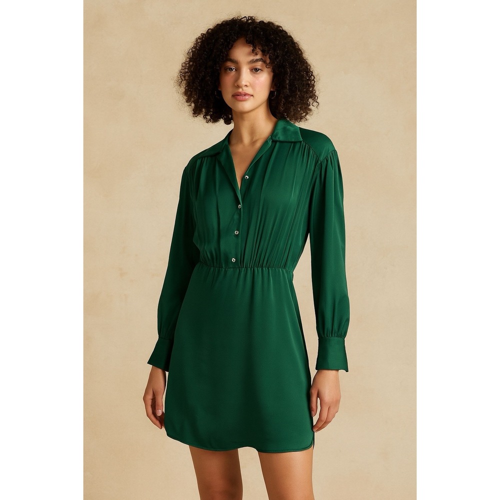 She + Sky Donna Satin Mini Dress Emerald Green Collared Long Sleeve‎ NWT Size S